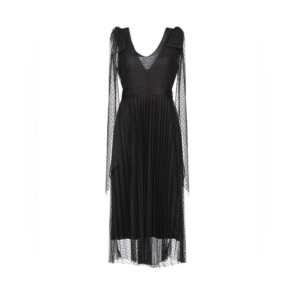 Black Sheer Polka Dot Pleated Midi Dress - V-neck Sleeveless Occasion Dress